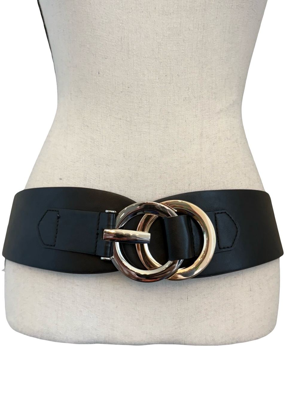 Wide Black Stretch Waist Belt Double Ring Gold Silver Buckle Plus Size 1X